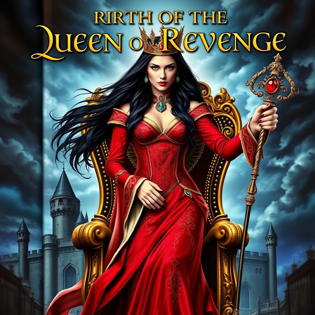 A captivating book cover featuring a fierce queen standing proudly on her ornate throne, symbolizing her rebirth and thirst for revenge