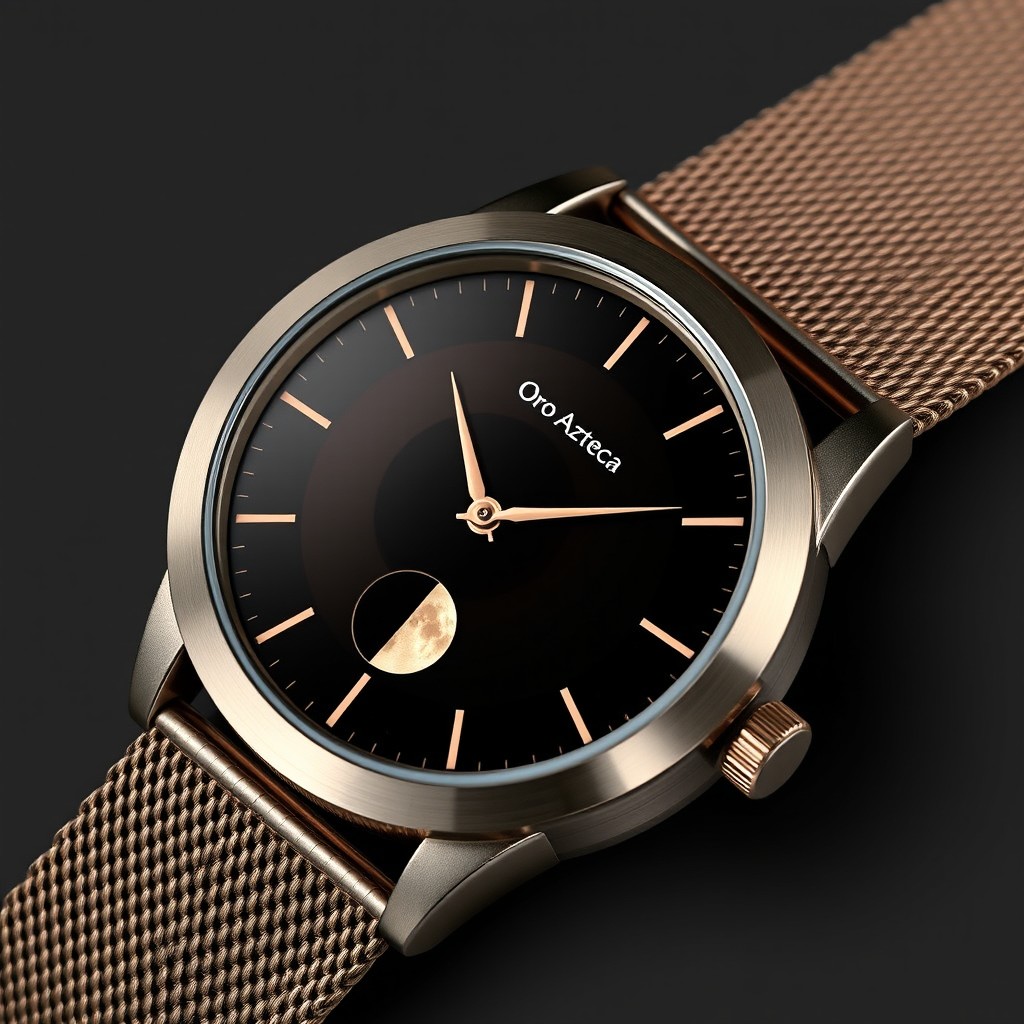 A beautifully crafted watch design called 'Reloj Eclipse Sagrado' featuring a black and gold gradient dial symbolizing the transition between light and darkness
