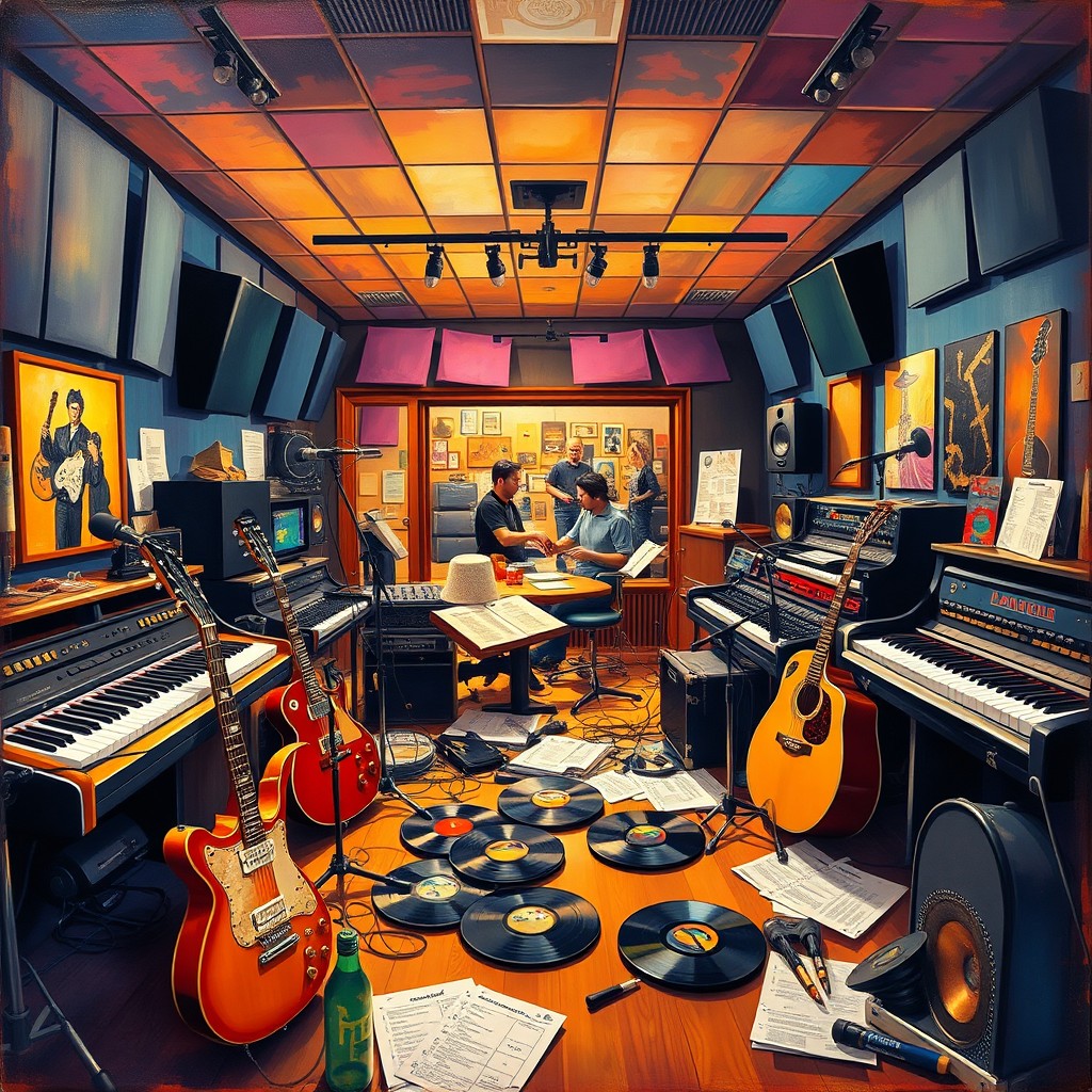 A vibrant and colorful painting of a modern music studio filled with various musical instruments such as guitars, pianos, and microphones