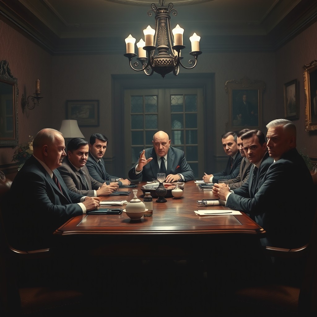 A dramatic scene depicting a family meeting in the style inspired by classic mafia films