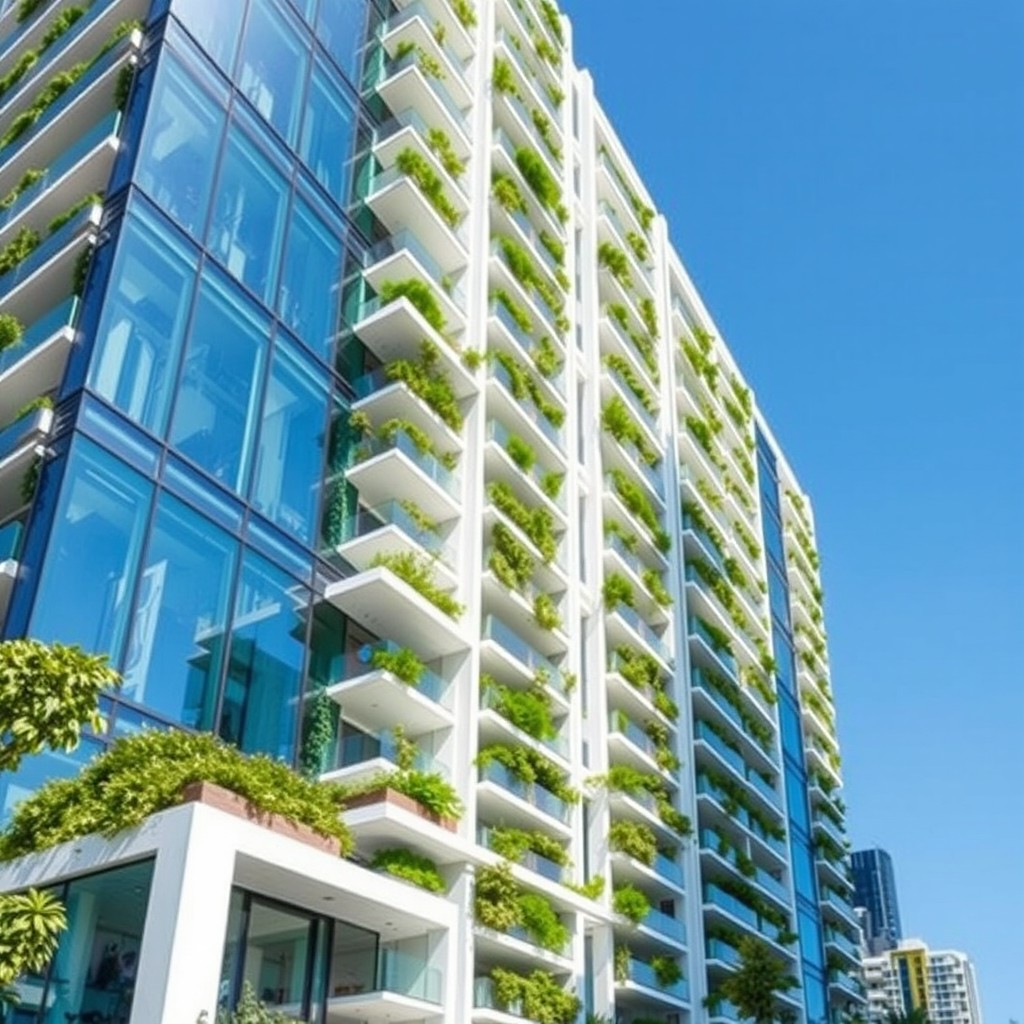 A modern fourth-generation high-rise residential building depicted from a semi-aerial perspective
