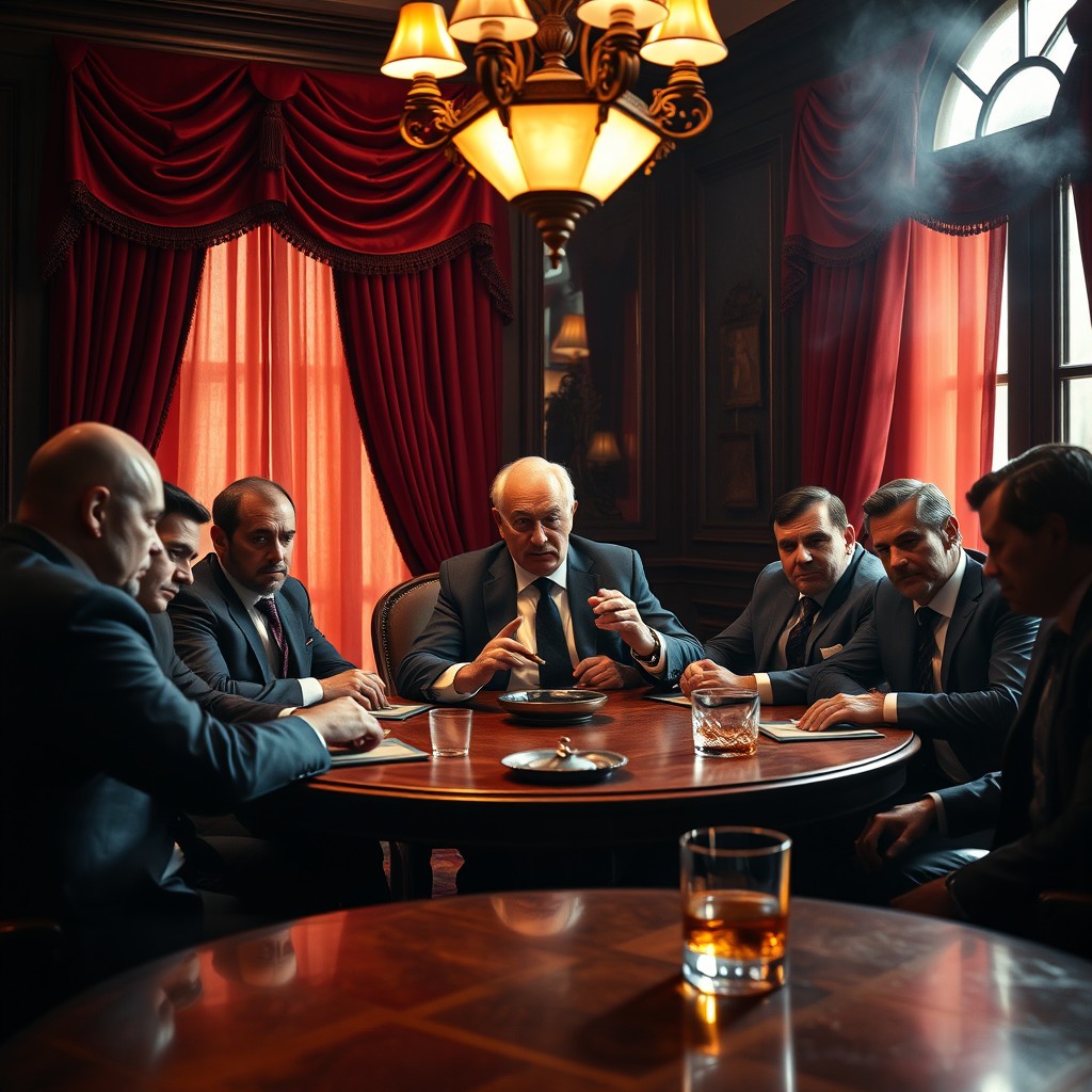 A clandestine mafia family meeting taking place in an opulent, dimly lit backroom