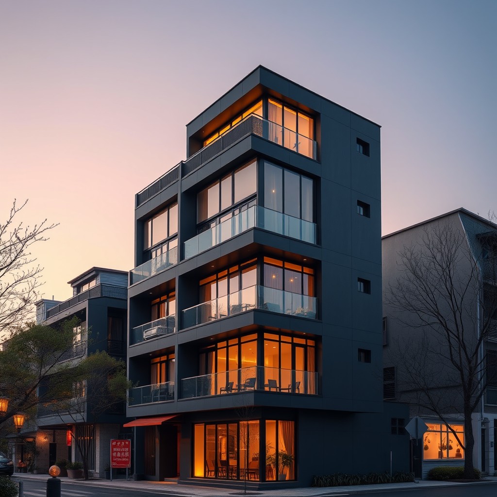 A modern Chinese residential building with six levels, showcased in a one-point perspective to emphasize depth
