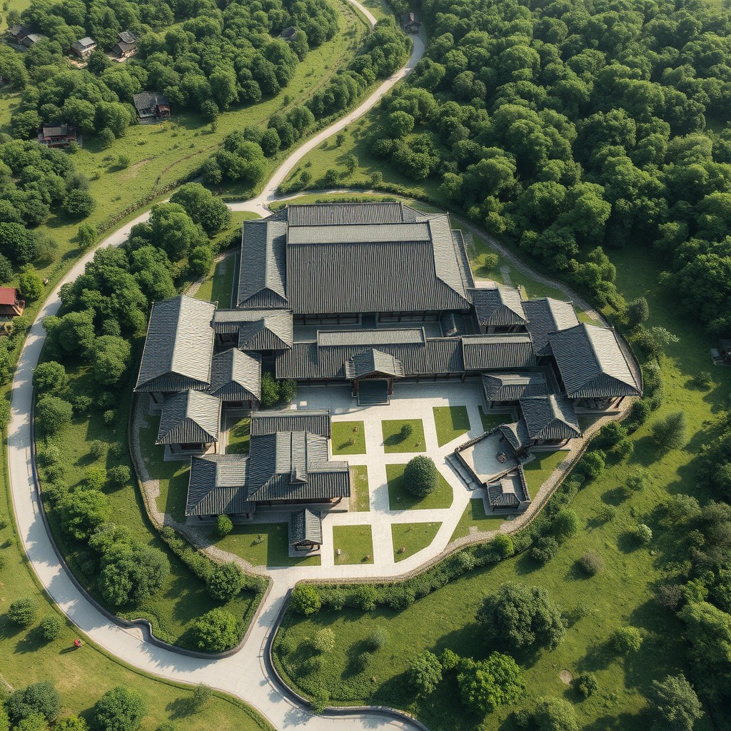 A comprehensive site plan of a traditional Chinese siheyuan (courtyard house) complex designed as a school, situated in a valley