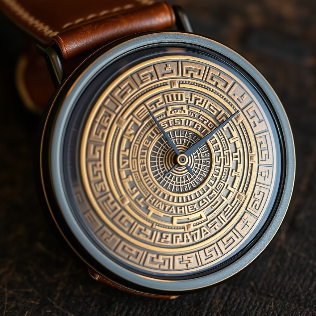 A stunning solar calendar clock inspired by the Aztec Sun Stone, featuring intricate relief engravings on the face mimicking the design of the stone