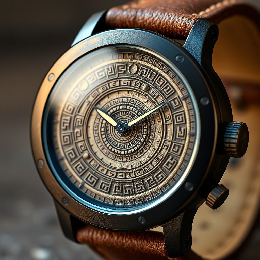 A solar calendar watch inspired by the Aztec Sun Stone, featuring a spherical face with intricate relief engravings symbolizing ancient Aztec culture