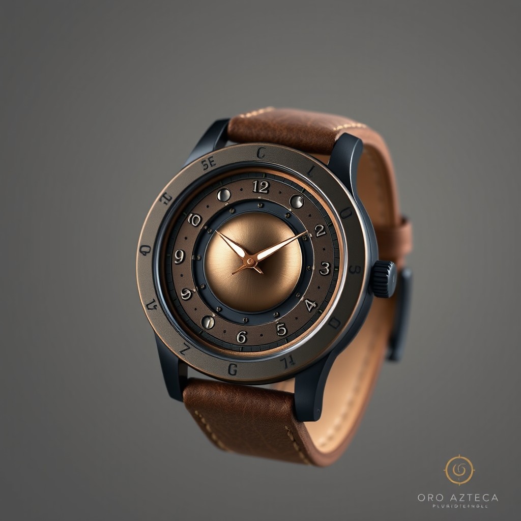 A beautifully designed solar calendar watch inspired by the Sun Stone, featuring a relief-engraved sphere, robust case made of aged bronze or matte black steel