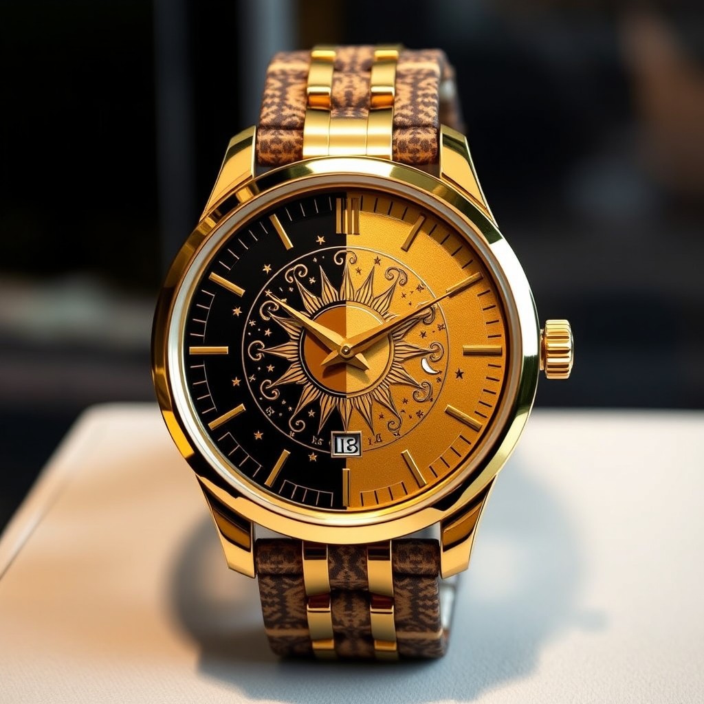 A duality-themed wristwatch design featuring a divided watch face, with one half a shiny gold adorned with intricate sun patterns, symbolizing daytime, and the other half a deep black featuring celestial elements like stars and a crescent moon, representing nighttime