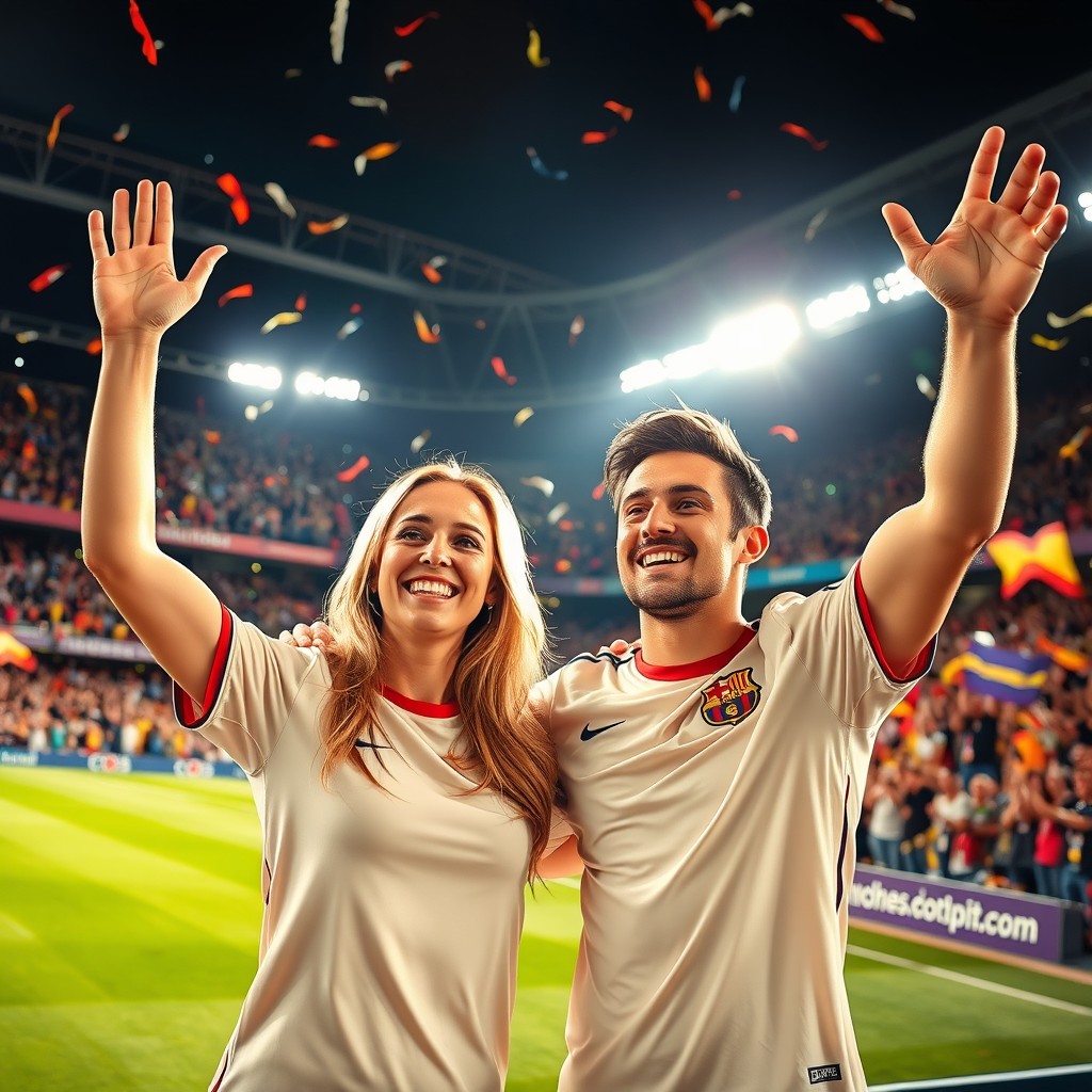 A beautiful blonde woman with a flawless face and her attractive boyfriend joyfully celebrating a goal in a lively soccer stadium