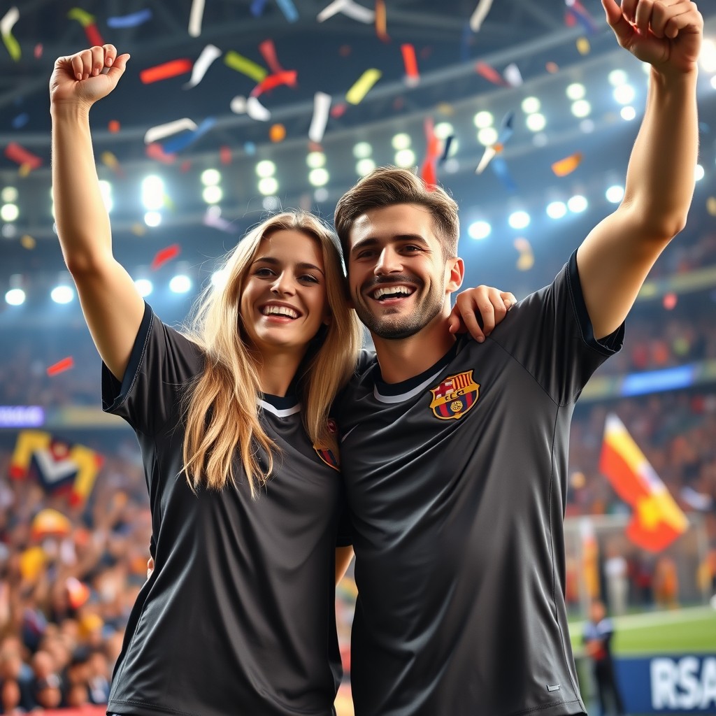 A stunning blonde woman with a flawless face and her attractive boyfriend joyfully celebrating a soccer goal in a packed stadium