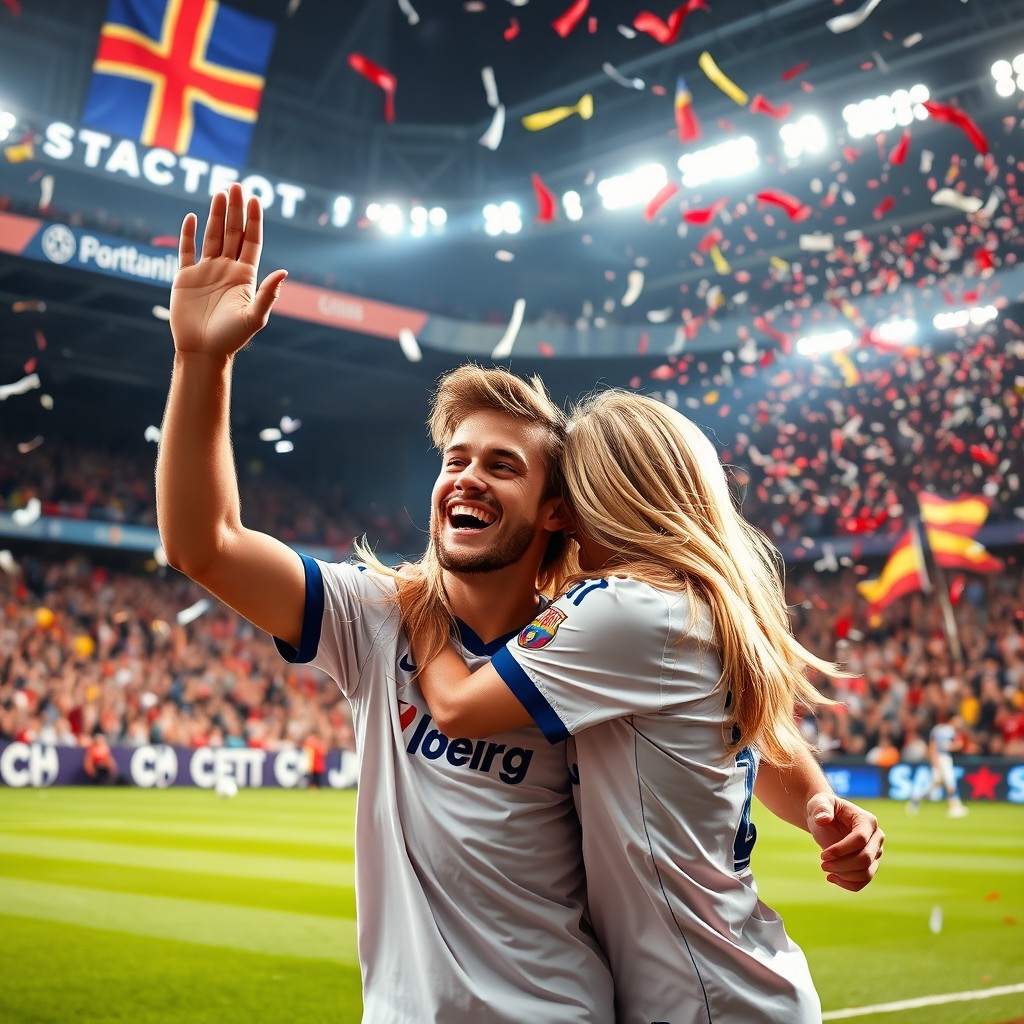 A gorgeous blonde woman with a flawless face and her handsome boyfriend exuberantly celebrating a goal at a bustling soccer stadium