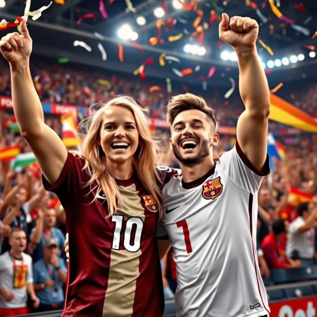 A stunning blonde woman with a perfect face and her handsome boyfriend exuberantly celebrating a goal at a vibrant soccer stadium