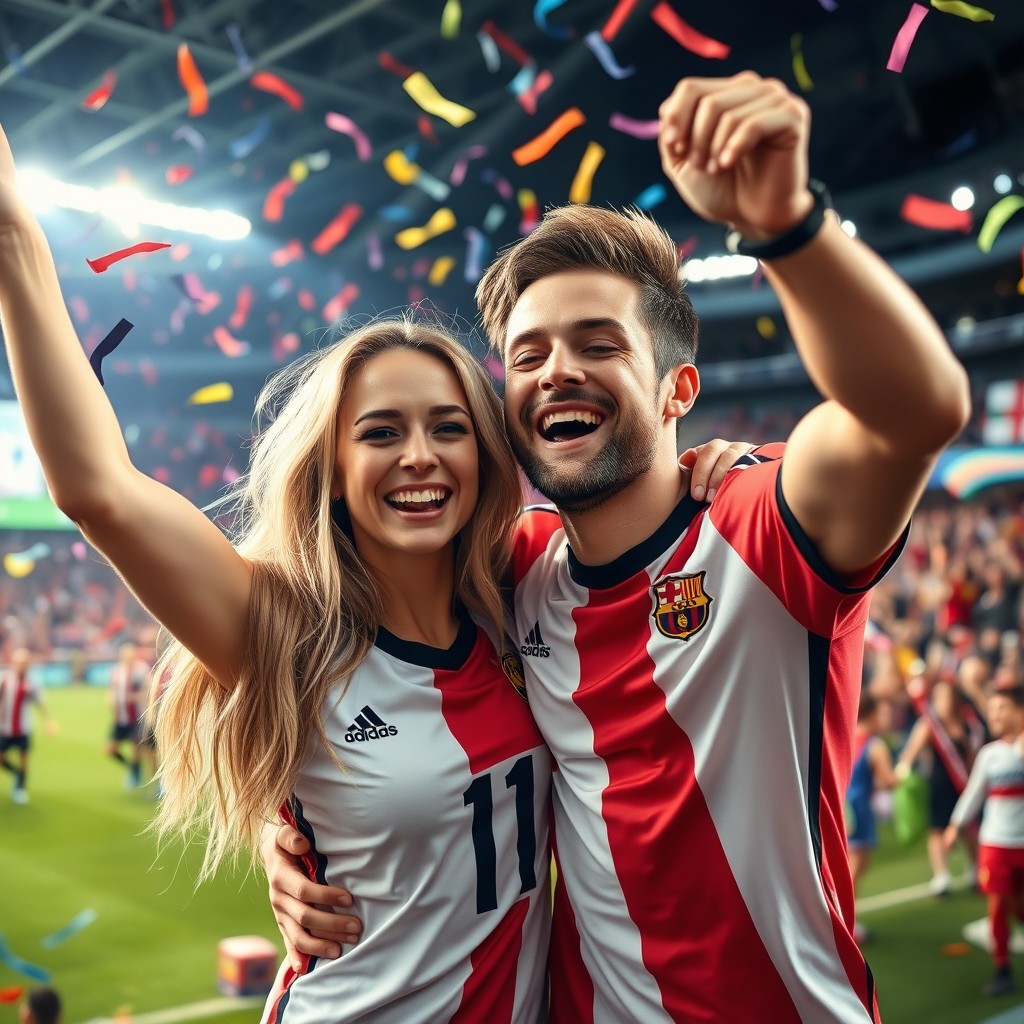 A beautiful blonde woman with a perfect face and her handsome boyfriend celebrating passionately in a lively soccer stadium after their team scores a goal