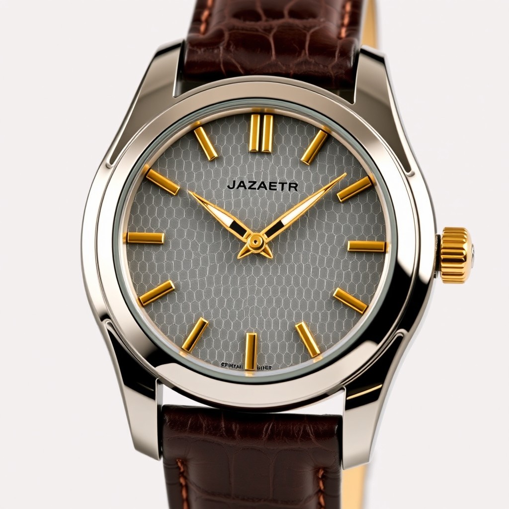A luxury watch design featuring a subtle textured dial inspired by jaguar skin, showcasing a polished steel case with yellow gold details symbolizing strength and bravery
