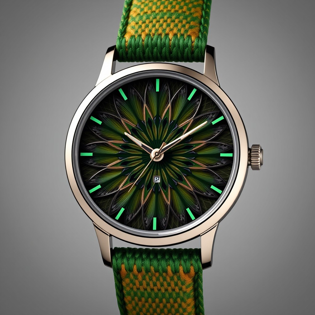 An elegant and mystical watch design titled 'Reloj Pluma Quetzal'