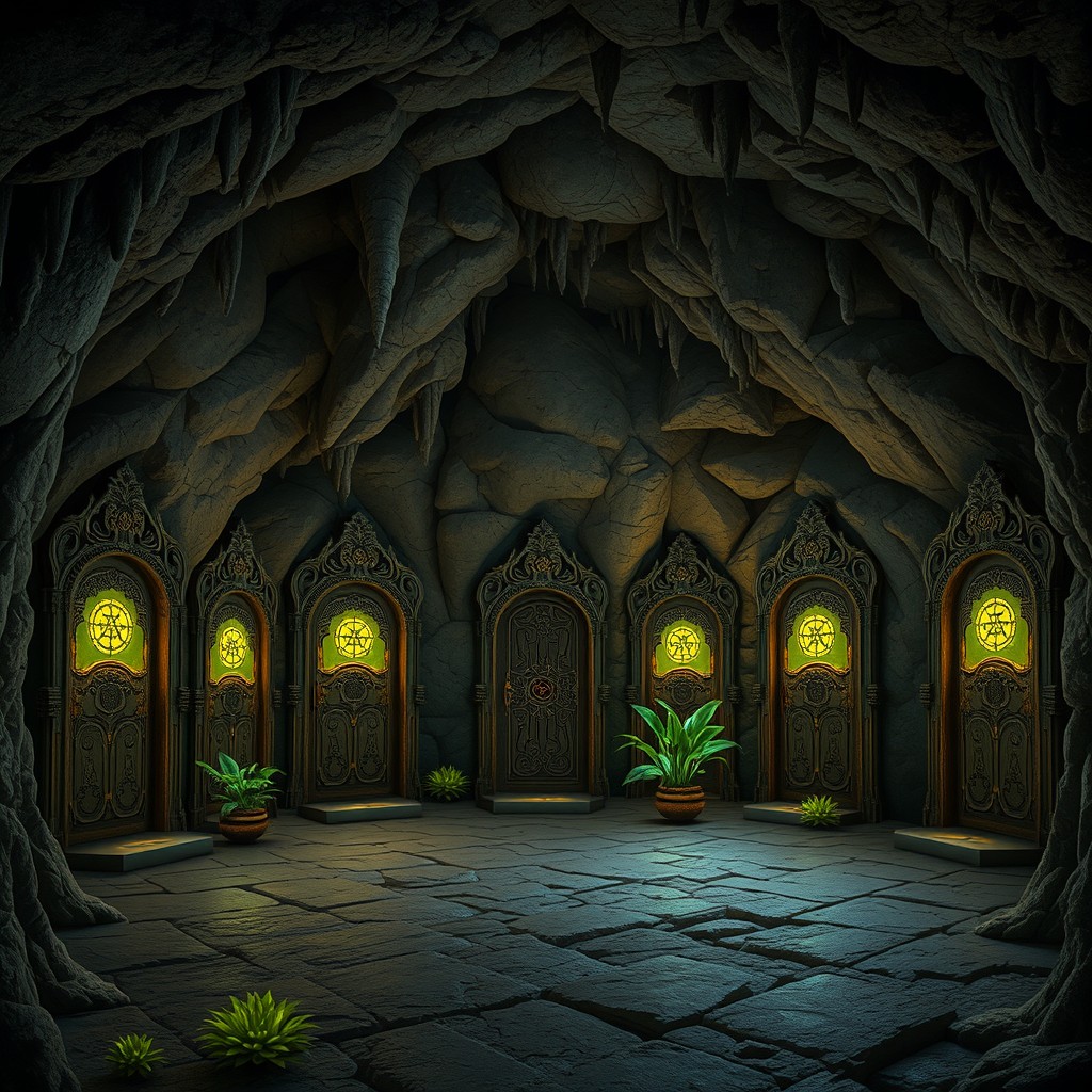 Explore the Enchanted Cave Room with Ten Unique Doors