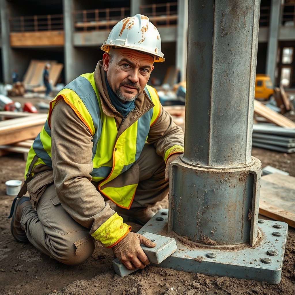 A rugged, dirty construction worker in high visibility gear, including a bright yellow reflective vest and a hard hat, is on a construction site kneeling while placing plastic shims under a large steel column base plate