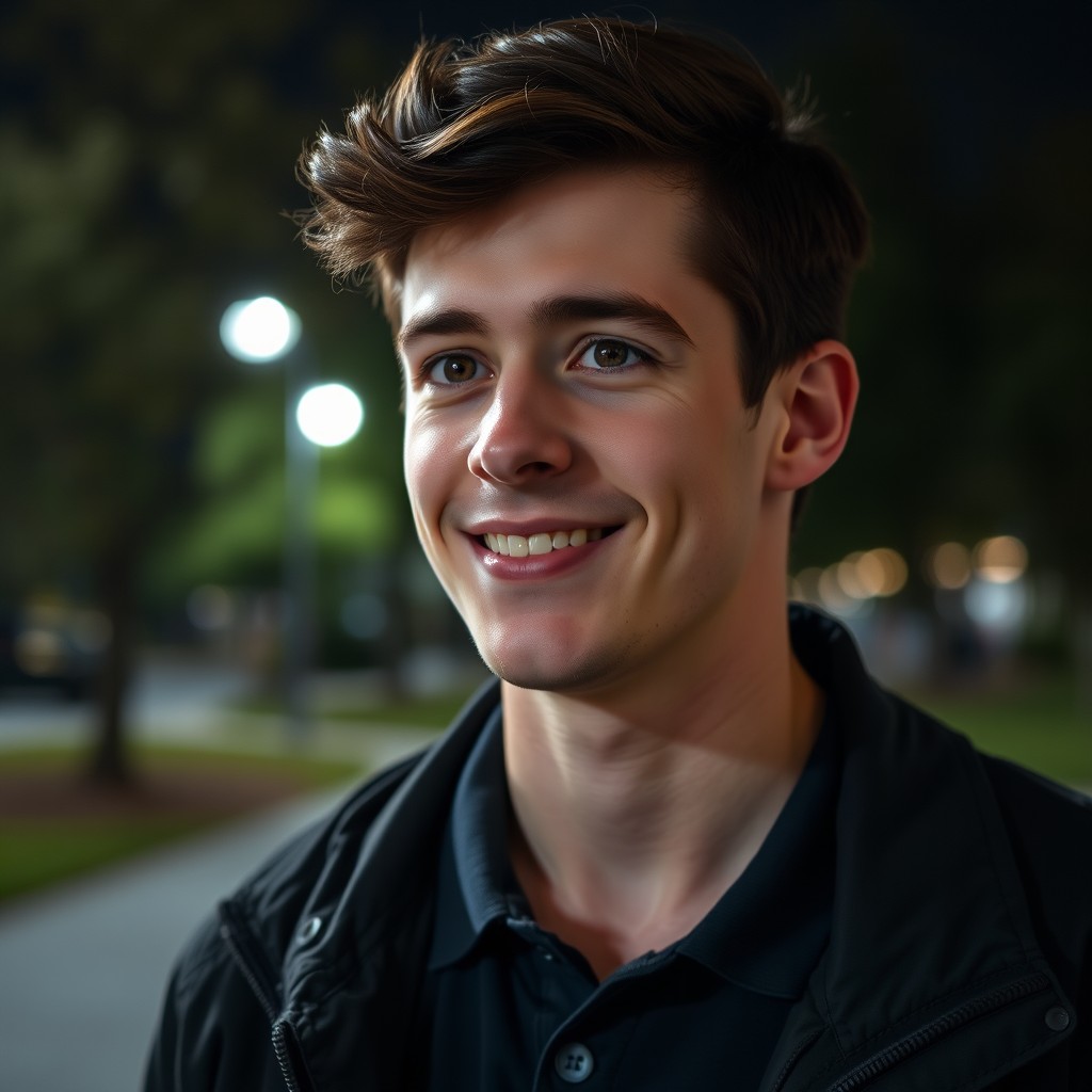 A realistic portrait of a young man in his 20s with a softly defined jawline