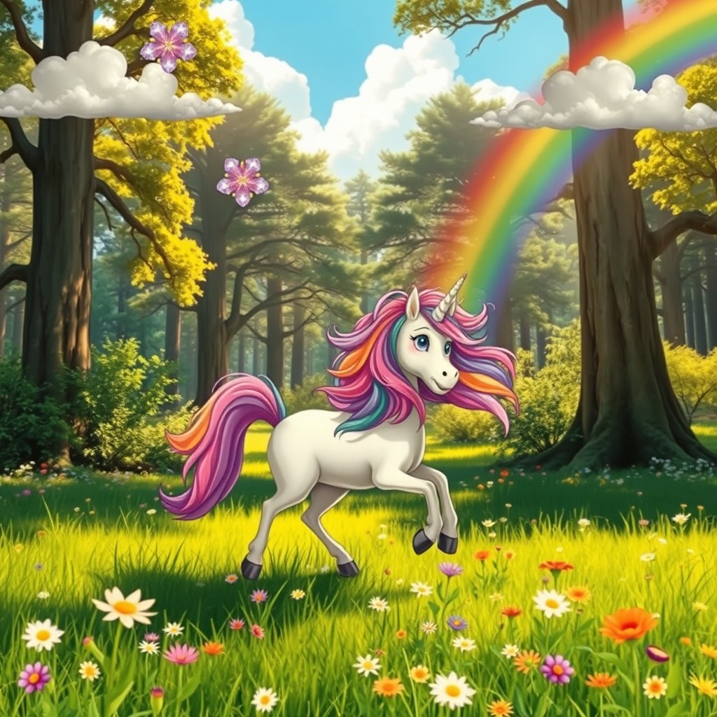 A whimsical forest scene featuring a magical creature, a vibrant, colorful unicorn with a flowing mane, frolicking through a bright green meadow filled with blooming wildflowers