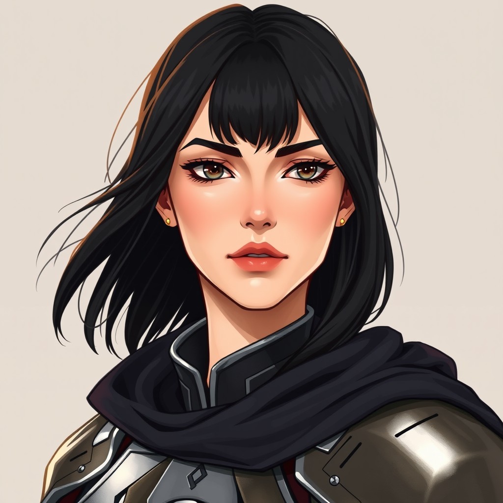 Androgynous face of a noble woman aged between 25 and 28 years, with fair skin having a subtle golden hue