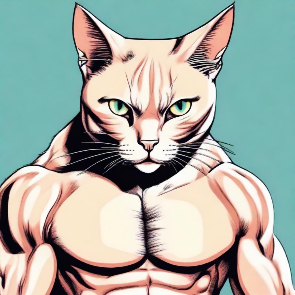 Embellish the image of the cat with human-like musculature, drastically exaggerating the muscle definition for an otherworldly, comic-style look.