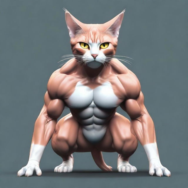 Modify the image of the cat with exaggerated muscles. Dramatically increase the size of the muscles to an almost superhuman level, creating a spectacle of strength and power.