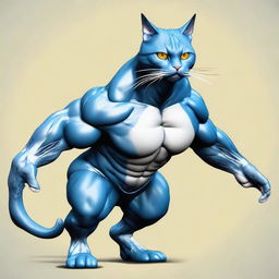 Modify the image of the cat with exaggerated muscles. Dramatically increase the size of the muscles to an almost superhuman level, creating a spectacle of strength and power.