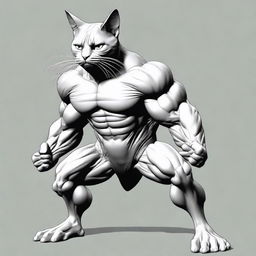 Modify the image of the cat with exaggerated muscles. Dramatically increase the size of the muscles to an almost superhuman level, creating a spectacle of strength and power.