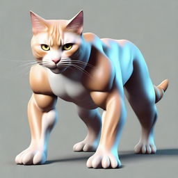 Modify the image of the cat with exaggerated muscles. Dramatically increase the size of the muscles to an almost superhuman level, creating a spectacle of strength and power.