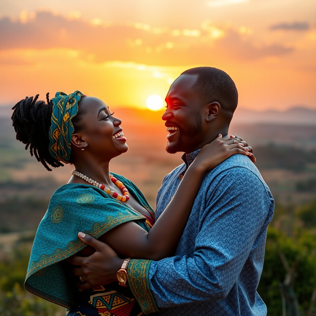 A passionate young couple from Kenya engaged in an intimate moment, joyfully embracing each other under a beautiful sunset