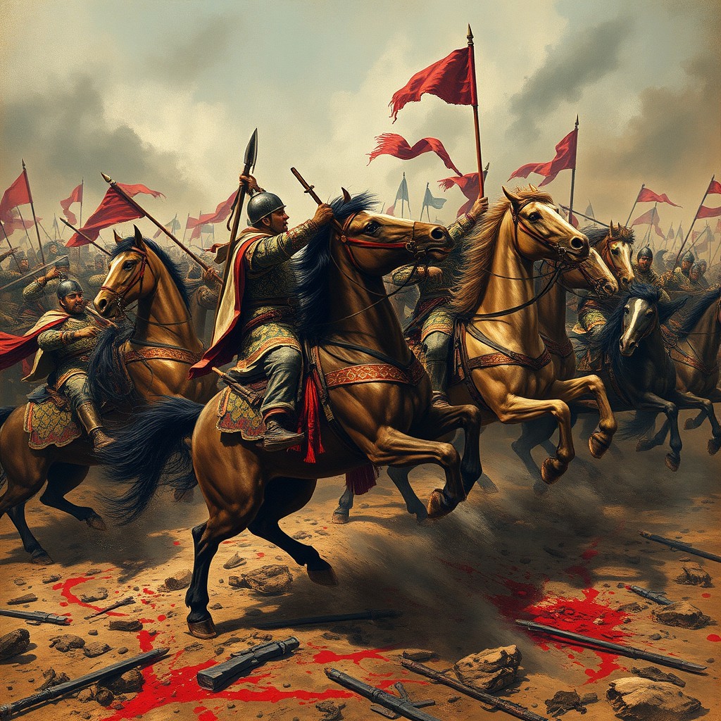 A dramatic scene depicting Mongol cavalry during the Yuan dynasty engaged in fierce combat during their western campaign