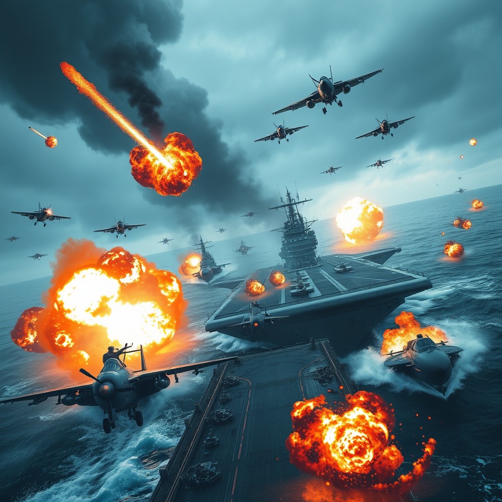 A dramatic scene depicting an intense naval battle featuring aircraft carriers and fighter jets engaged in combat