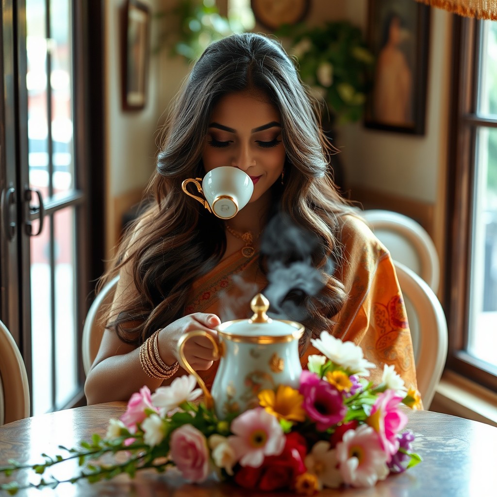 A beautiful and captivating Sri Lankan actress, Shanudri, sitting elegantly at a cozy café table, sipping delicately from a teacup