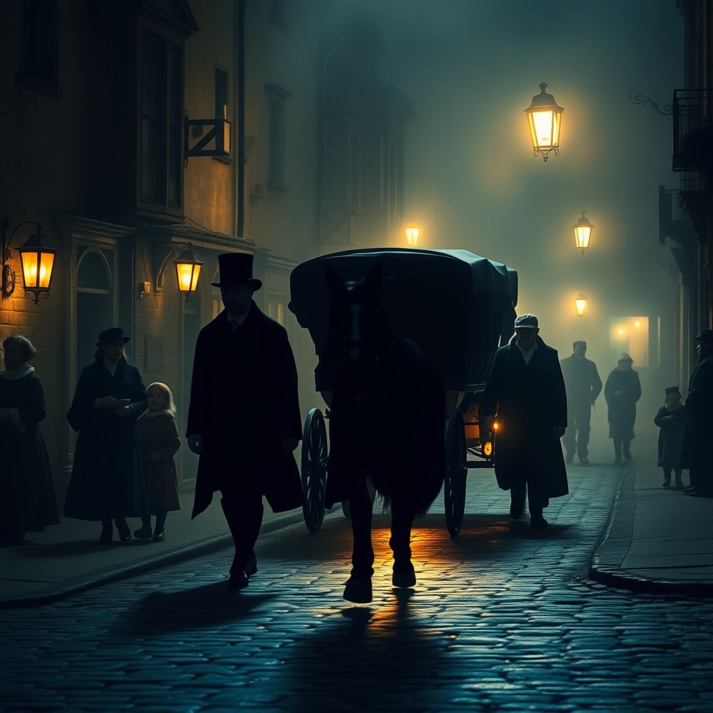 A dimly lit street scene in 17th century London, featuring a horse-drawn carriage illuminated by a carriage lantern