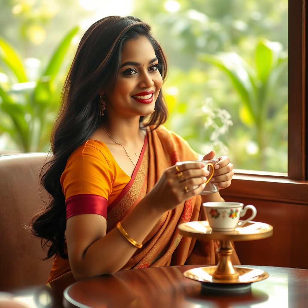 A beautiful Sri Lankan actress, Shanudri, elegantly sitting at a cozy café table, sipping a steaming cup of tea