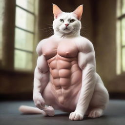 Amplify the image of the already muscular cat. Enhance its physique to a fantastical extreme, making its muscles larger and more defined, dwarfing its original size.