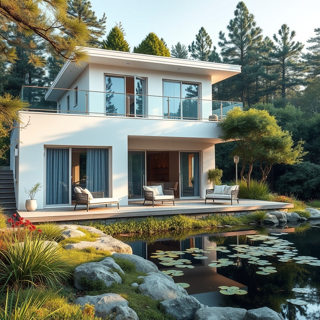 A modern white line art villa with a large balcony, surrounded by a serene garden