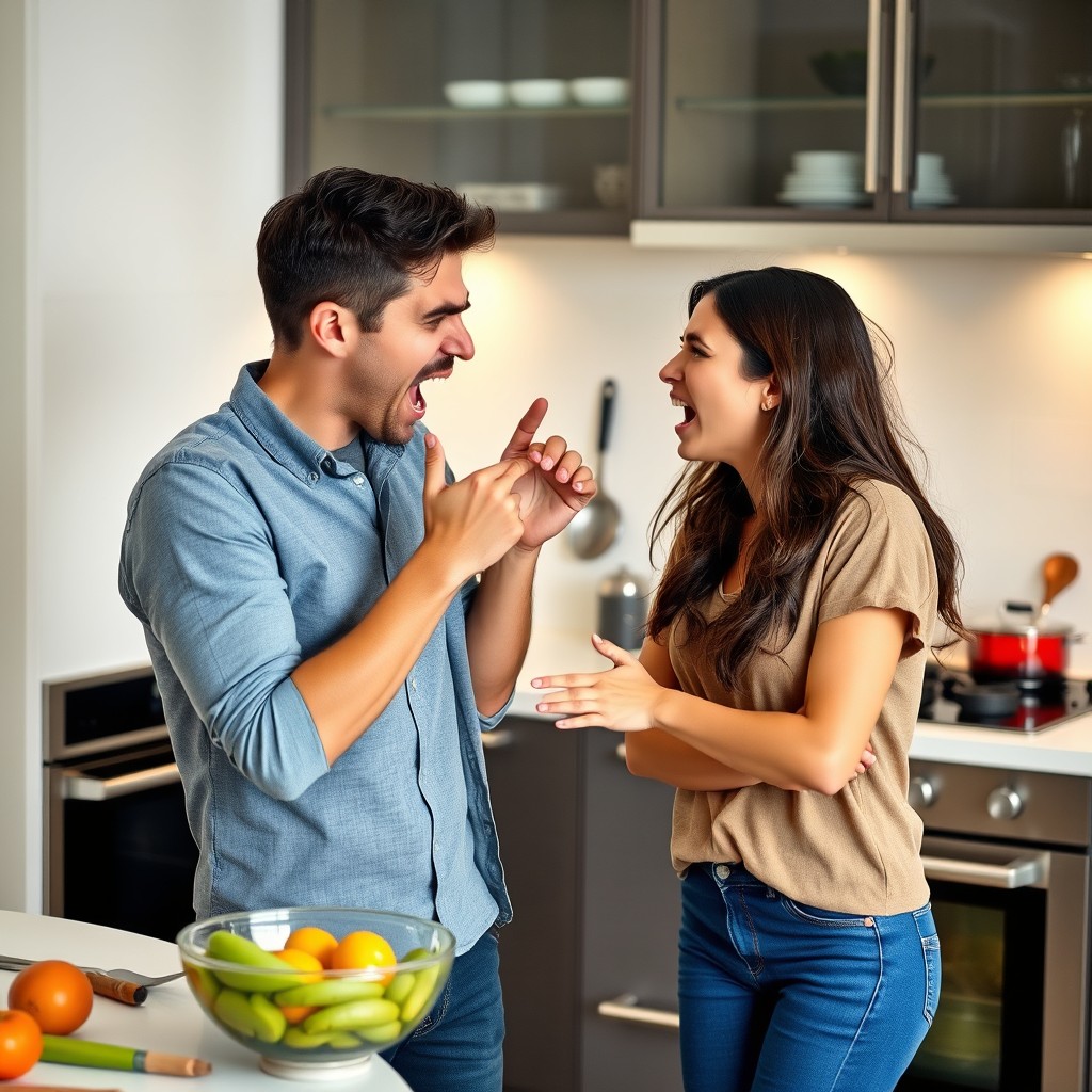 A young couple engaging in a heated argument in a modern kitchen, with both individuals shouting angrily at each other