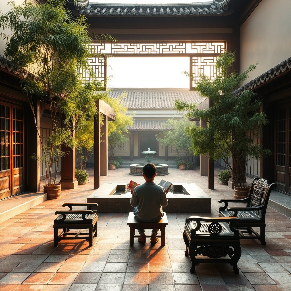 In a serene traditional Chinese courtyard during the early morning, featuring a young person reading books under a beautifully designed Chinese-style open window