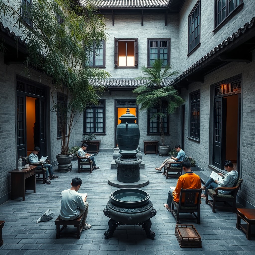 A serene, traditional Chinese courtyard scene at dawn featuring a group of young people engaged in reading and studying