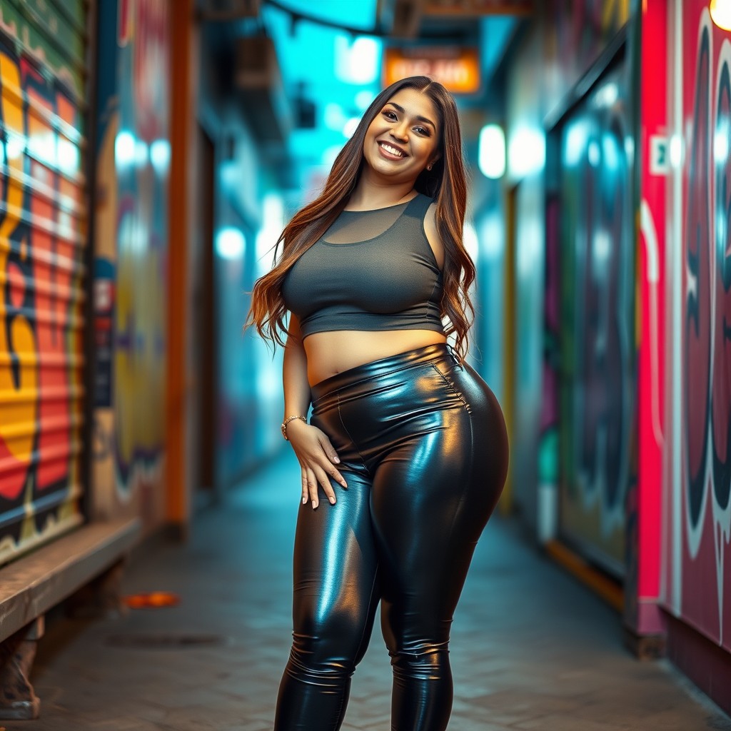A confident chubby woman standing stylishly in shiny leggings, showcasing her curves with a smile
