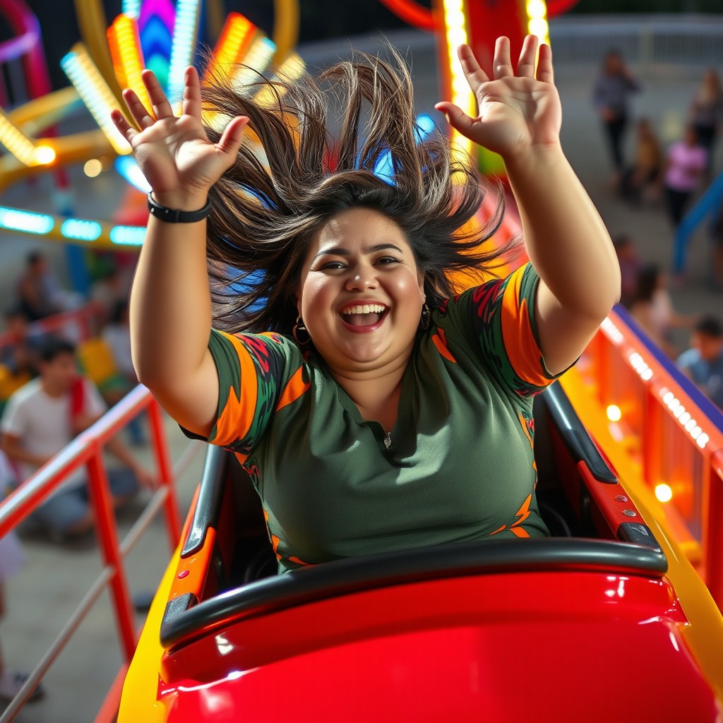 A joyful chubby woman riding a rollercoaster, her hair flying in the wind as she throws her hands up in excitement