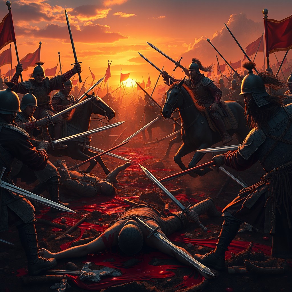 A vivid and intense scene depicting the bloody battle during the Mongol invasions, capturing both Mongol cavalry and foot soldiers clashing fiercely at dawn