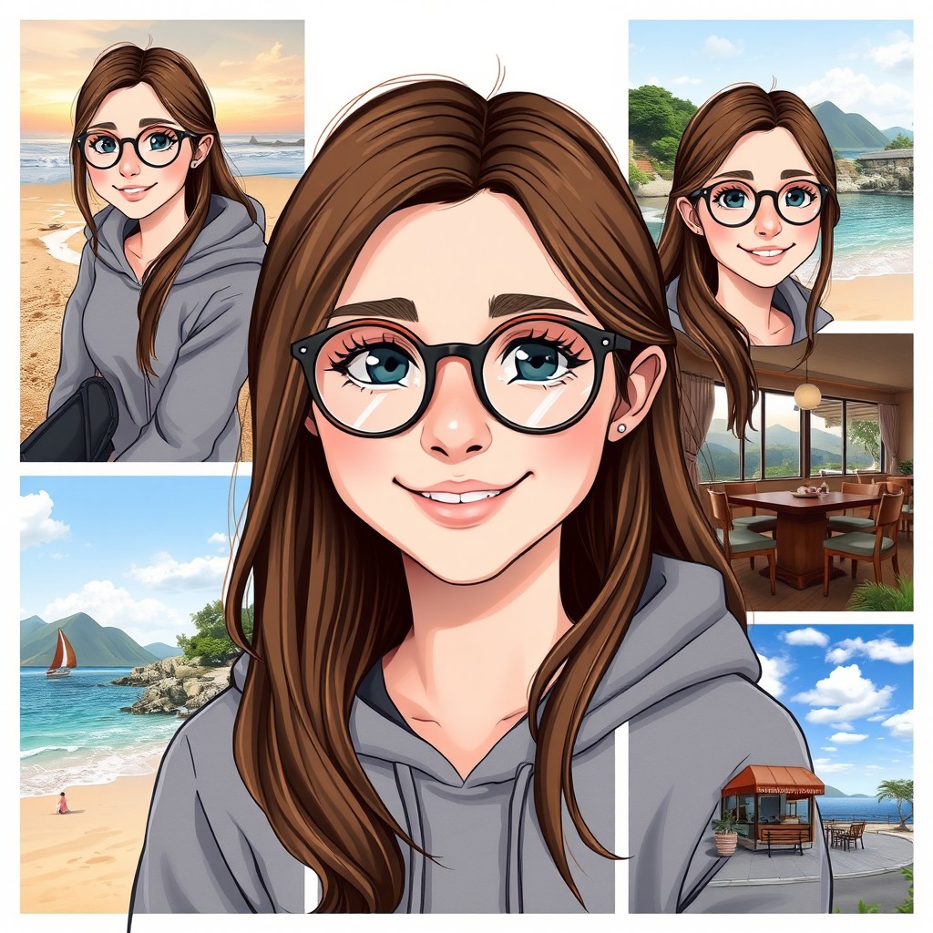 A teenage girl with brown hair, fair skin, wearing round glasses, a small nose, a cute face, and a charming smile