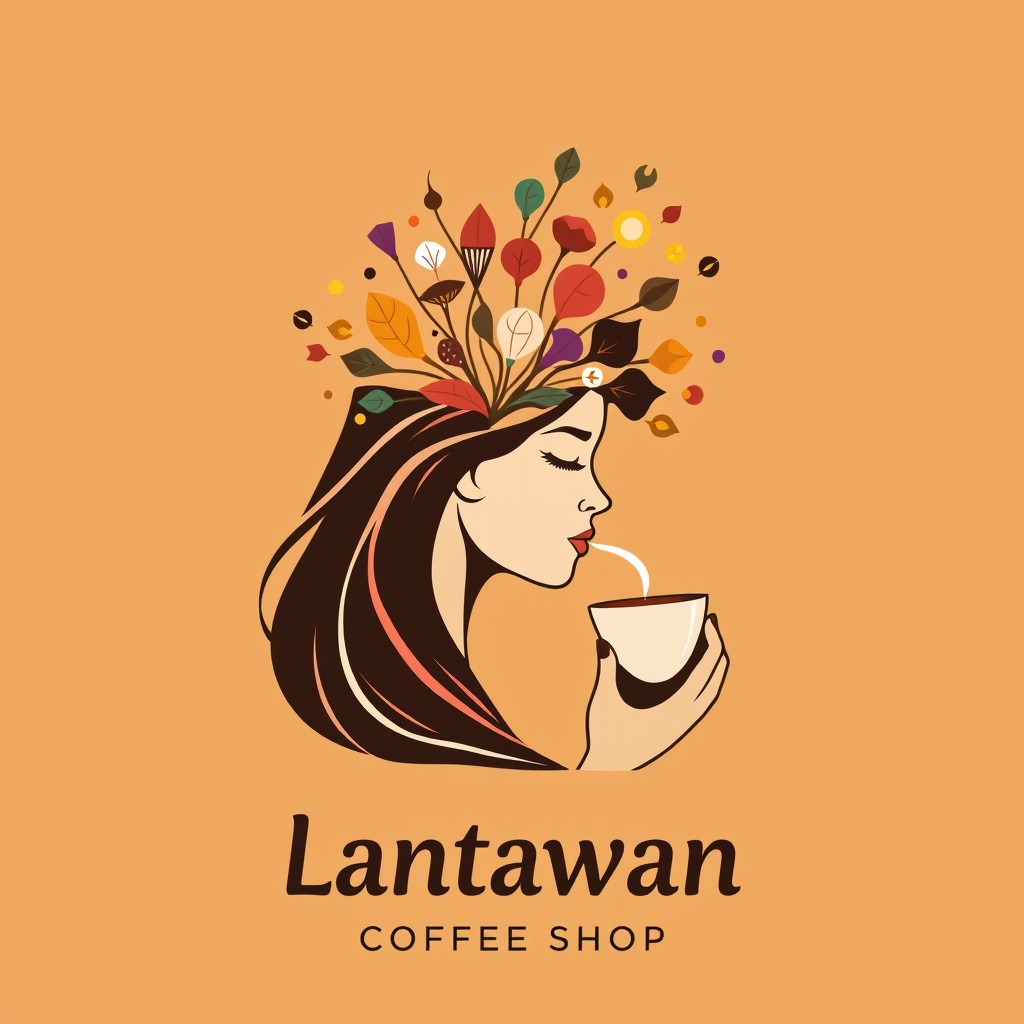 A logo design for 'Lantawan Coffee Shop' featuring a side profile of a woman sipping coffee