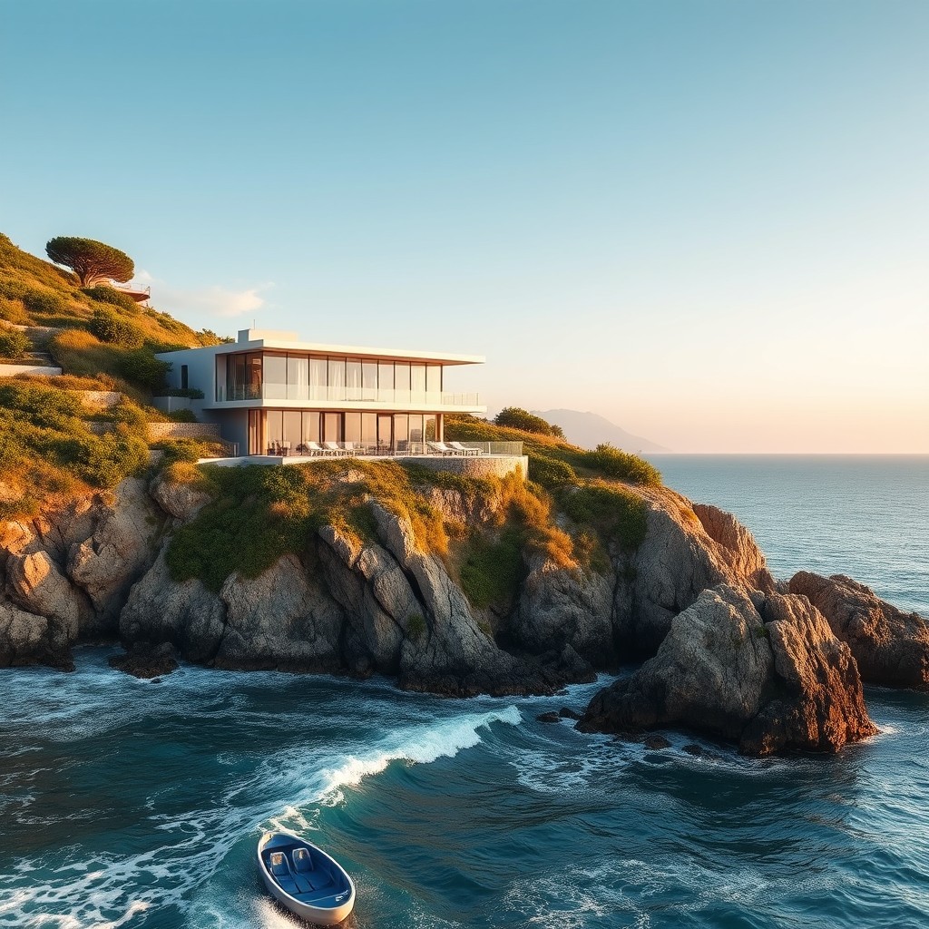 A stunning view of a modern villa perched on a steep hillside overlooking the sea during the morning