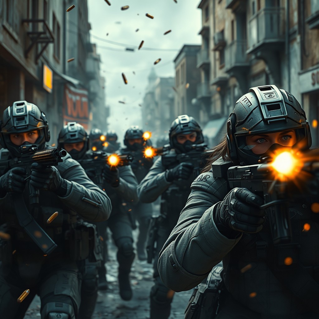 A futuristic war street scene featuring soldiers engaged in intense gunfire