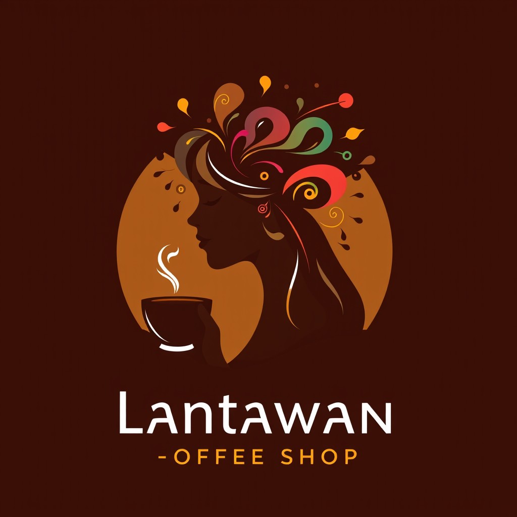 A unique logo design for 'Lantawan Coffee Shop', depicting a side profile of a woman sipping coffee