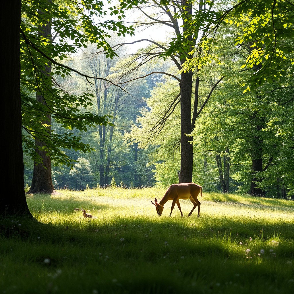 A solitary deer peacefully grazing in a lush, green forest