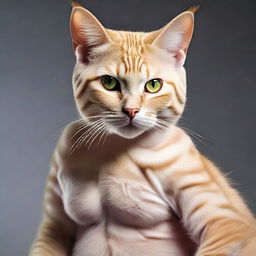 Amplify the image of the already muscular cat. Enhance its physique to a fantastical extreme, making its muscles larger and more defined, dwarfing its original size.